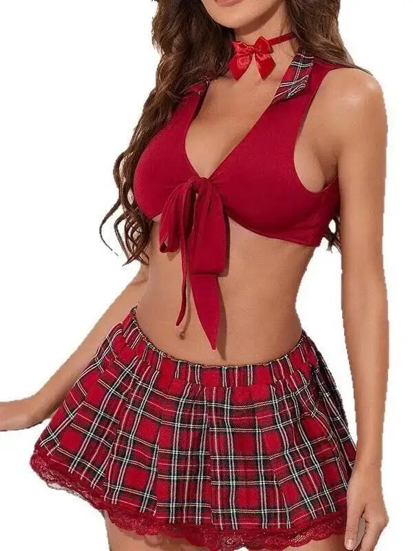 JK Uniform Skirt Set - Sleeveless Red Top with Checkered Lace Trim Skirt