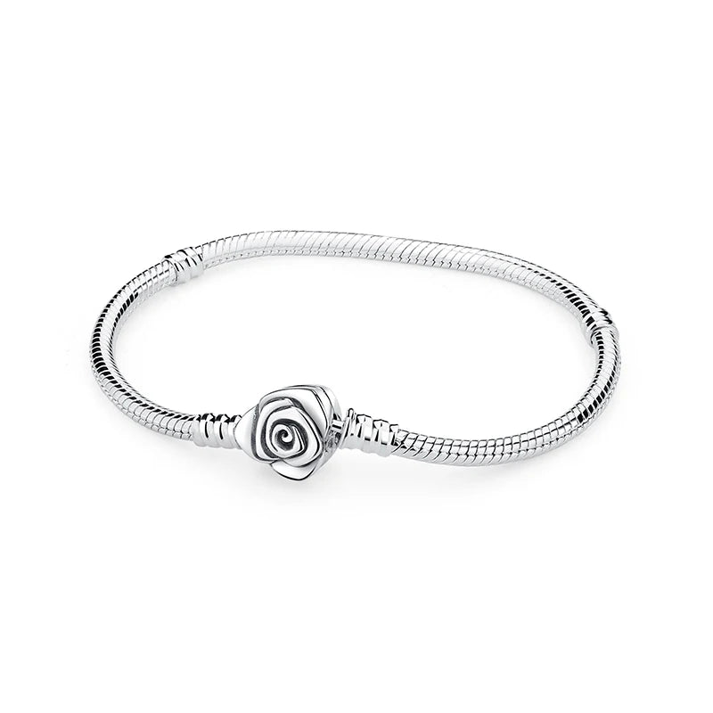 925 Sterling Silver Love Heart Charm Bracelet – Rose Gold Snake Chain Bangle for Women | DIY Luxury Bead Jewelry Accessories