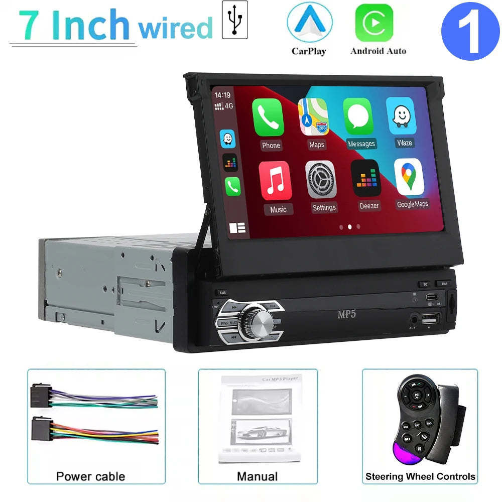 Universal 1-DIN 7" Car Stereo - Retractable Touchscreen MP5 Player with CarPlay, Android Auto, FM Radio & Mirror Link