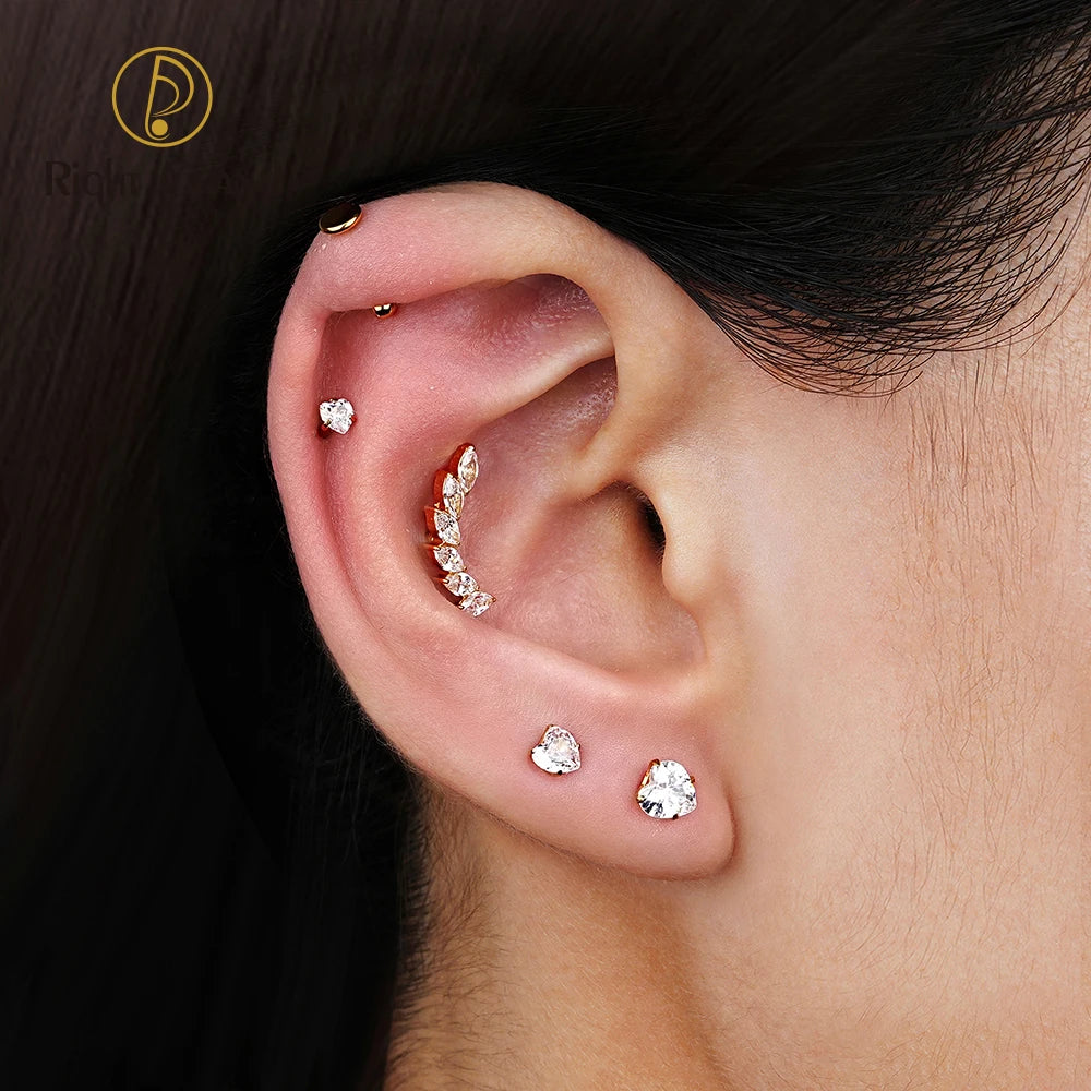 Right Grand ASTM F136 Titanium 16G Ear Climber CZ Cartilage Earring – Curved Marquise Helix, Tragus & Labret Flat Back Piercing Stud