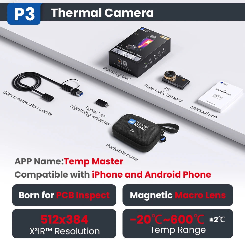 P3 Thermal Camera - 512×384 X³IR Macro Thermal Imager for iPhone & Android PCB Repair up to 600°C