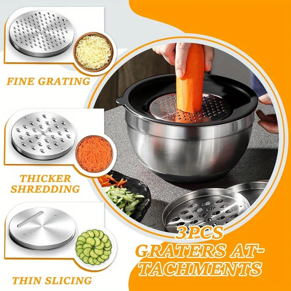 17pcs Stainless Steel Mixing Bowl Set with Lids and Grater Attachment – Non-Slip Kitchen Gadget for Mixing and Serving