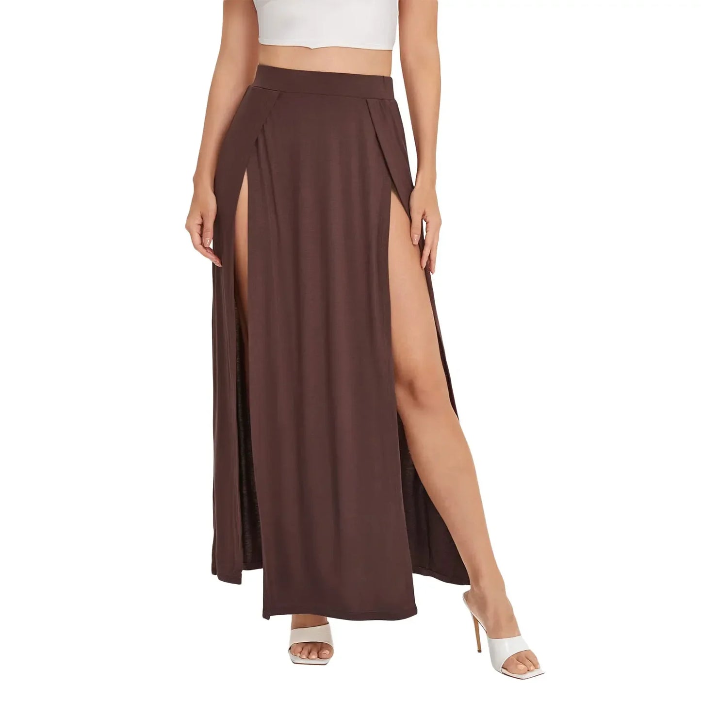 Combhasaki Women’s Summer Boho Maxi Skirt – Elastic High Waist Solid Color Side Slit Loose Fit Beachwear