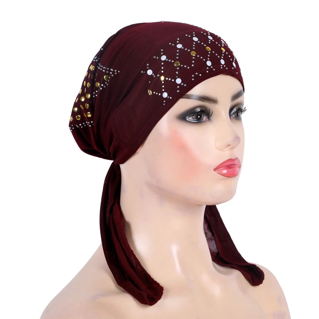 H089 Women’s Turban Hijab – Fashion Gold Sequin Islamic Headscarf, Pull-On Amira Headwrap