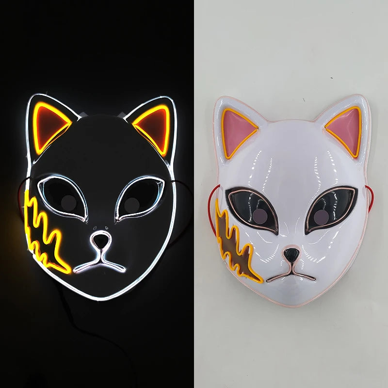 Glowing LED Fox Mask – Neon Japanese Anime-Inspired Samurai Cosplay Mask for Halloween, Christmas & Costume Parties