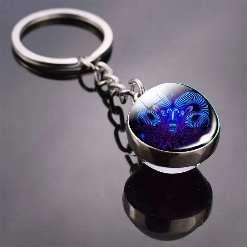 S12 Constellation Keychain – Luminous Double-Sided Zodiac Glass Ball Pendant for Men & Women