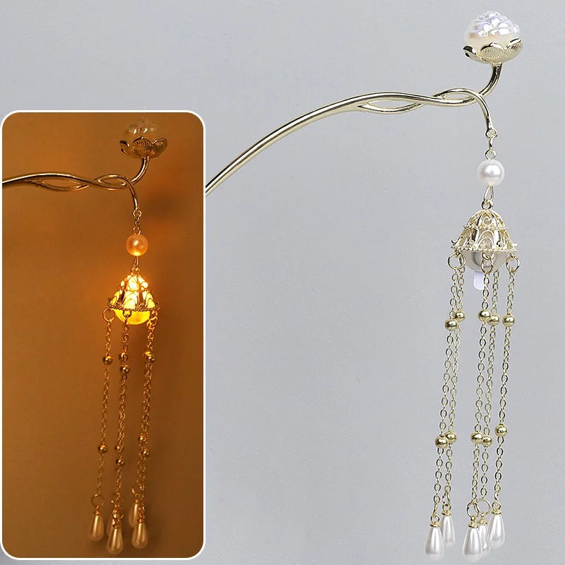 Luminous Lotus Flower Hairpin – Vintage LED Hair Stick with Lantern Tassel for Women and Traditional Hairstyles