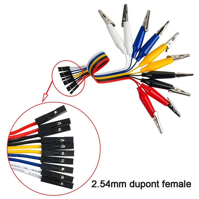 10Pin Alligator Clip Jumper Wire - 20cm Male Female Dupont Test Cable for Arduino, Microbit and LED Projects