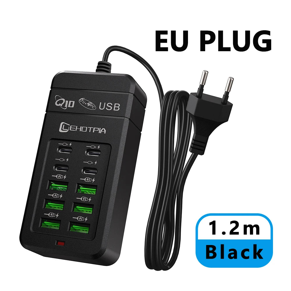 10-Port USB Fast Charger Adapter - EU UK US Plug Power Station with 6 USB-A & 4 USB-C Ports Extension Cord