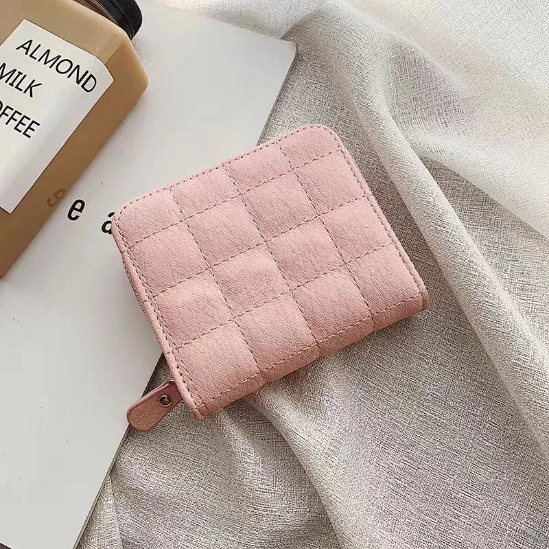 Women’s Small PU Leather Zipper Wallet with Coin Purse – Cute Plaid Mini Korean Card Holder, New Arrival