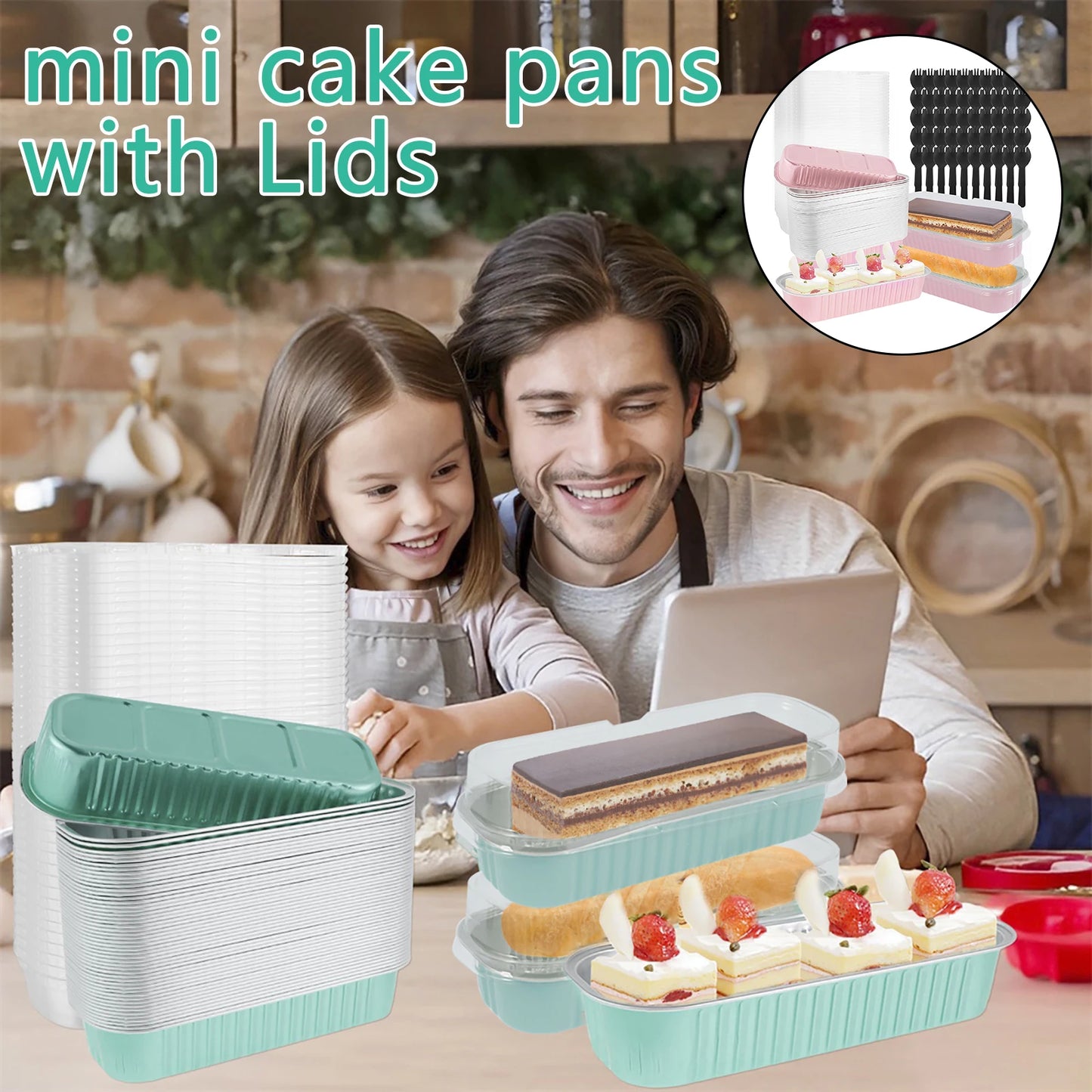 50Pcs Mini Cake Pans Set with Lids and Fork Spoons - 200ml Foil Rectangle Baking Cups, Aluminum Loaf Pans for Portable Bread
