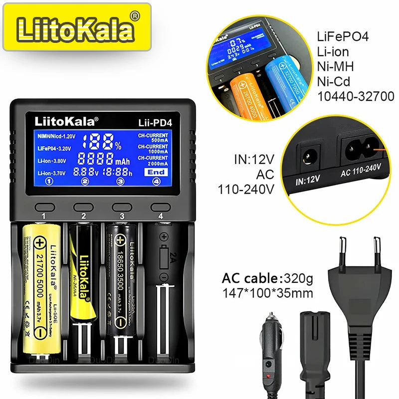 LiitoKala Lii-PD4/PD2 AC PD Charger β Fast Charging 4/2-Bay for 21700, 18650, AA & AAA Batteries with LCD & Multi-Protection