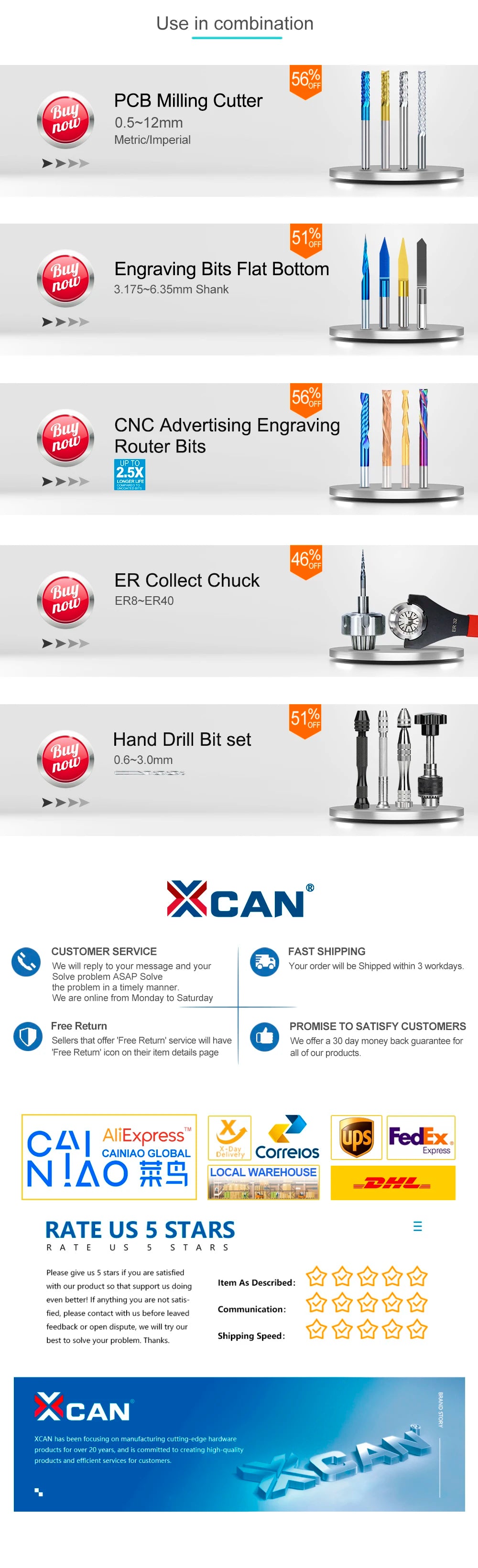 XCAN PCB Drill Bit Set – 50pcs 0.3-1.2mm Carbide Bits with 1/8" Shank for Micro Gun PCB Circuit Board Drilling
