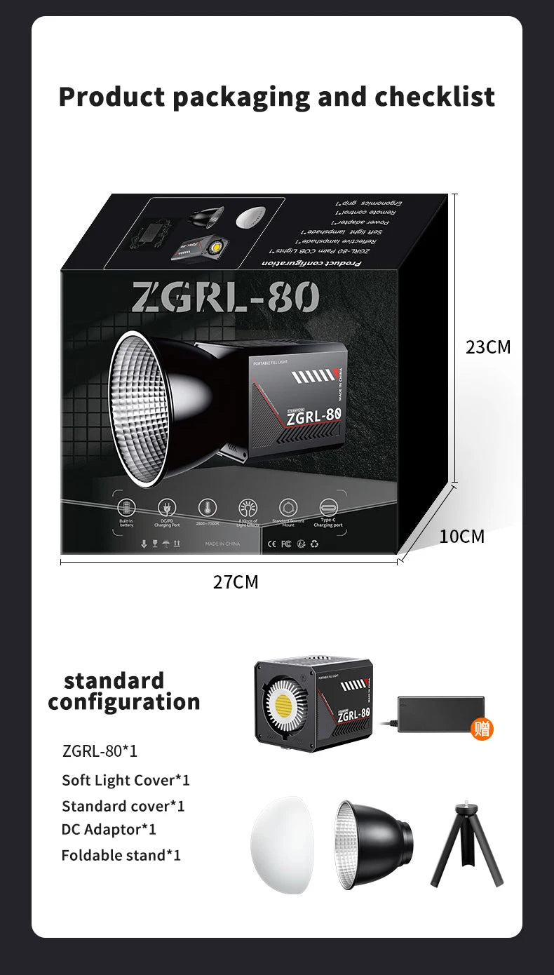60W Pro Portable LED Video Light – COB Bi-Color Photography Light (2800K-7500K) for Livestreaming, Handheld Outdoor Shooting