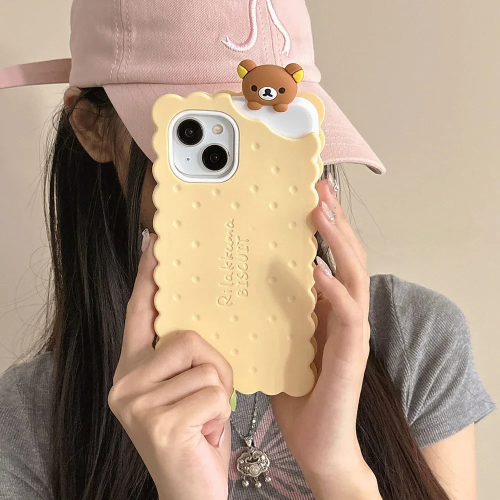Sandwich Biscuit Tide Bear Silicone Phone Case for iPhone 16 15 14 13 12 11 Pro Max Shockproof Soft Cover
