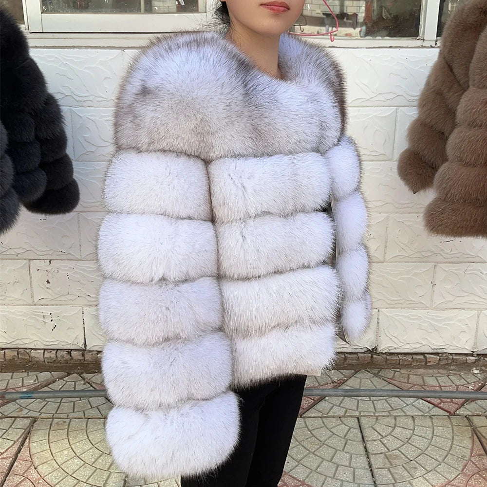 QUEENTINA Women’s Real Fox Fur Coat – Brown Leather & Skin Winter Fashion Outerwear 2025
