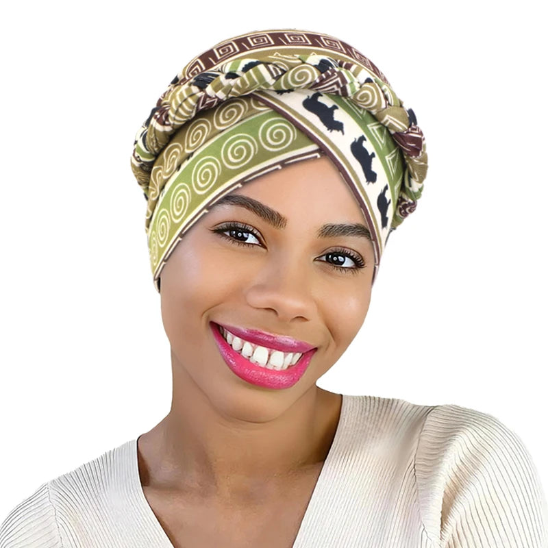 African Print Turban Headband Cap - Twisted Braid Head Wrap with Skullcap Style for Women