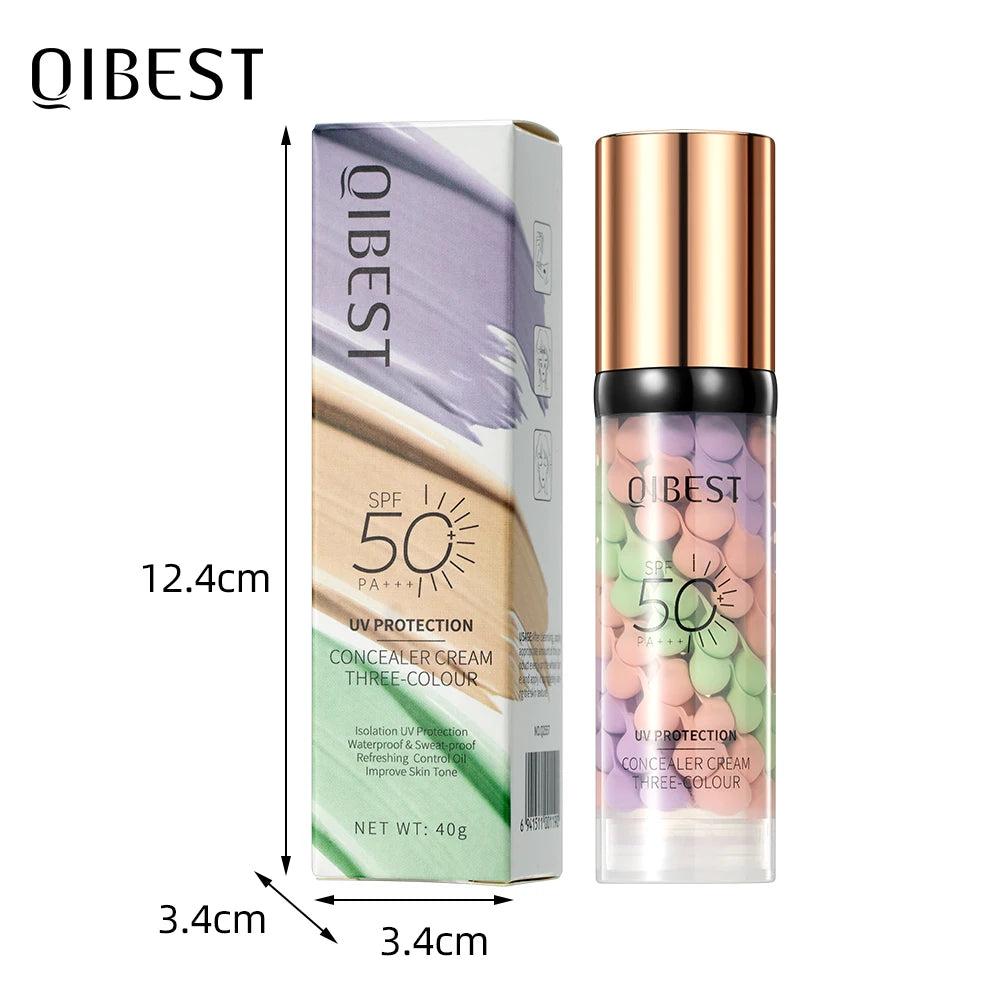 Qibest 3-Color Press Cream Concealer – Brightening Liquid Face Primer & Makeup Base, Full Coverage Facial Concealer for Flawless Skin