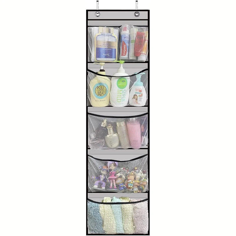 Over the Door Organizer – Grey Hanging Storage with 5 Large Pockets & Shelves
