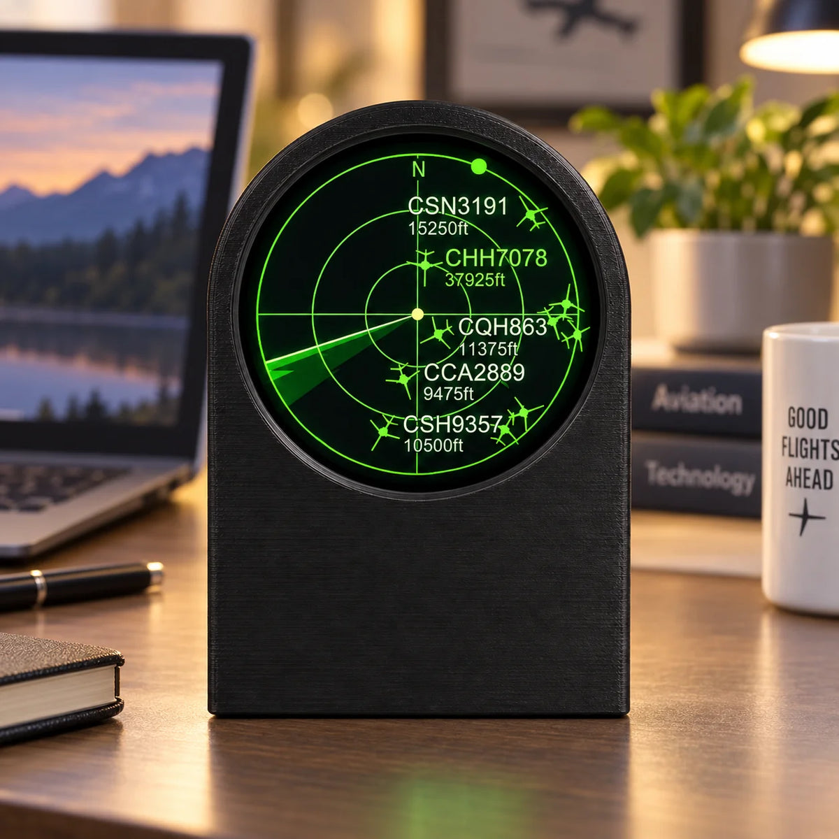 Live ADS-B Flight Tracker Gadget - 3D Printed Sonar Grid Display Desk Decor