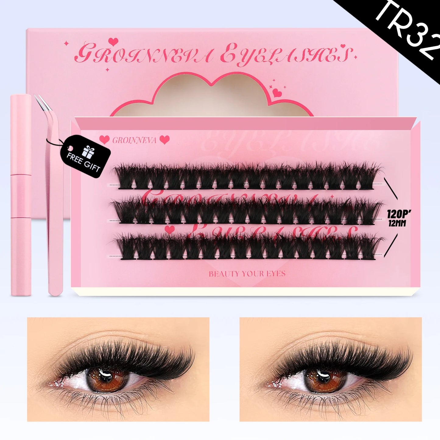 GROINNEYA Eyelash Clusters Kit β DIY Lash Extension with Bond & Seal, Waterproof Strong Hold & Tweezers