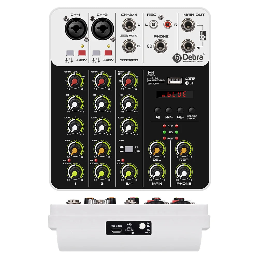 V4 4-Channel Audio Interface Mixer β USB & Bluetooth with 48V Phantom Power, Effects & Recording