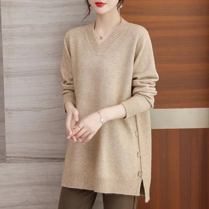 Plus Size 6XL 150kg Women's Winter V-Neck Knitted Sweater β Long Sleeve, Solid Color, Split Design