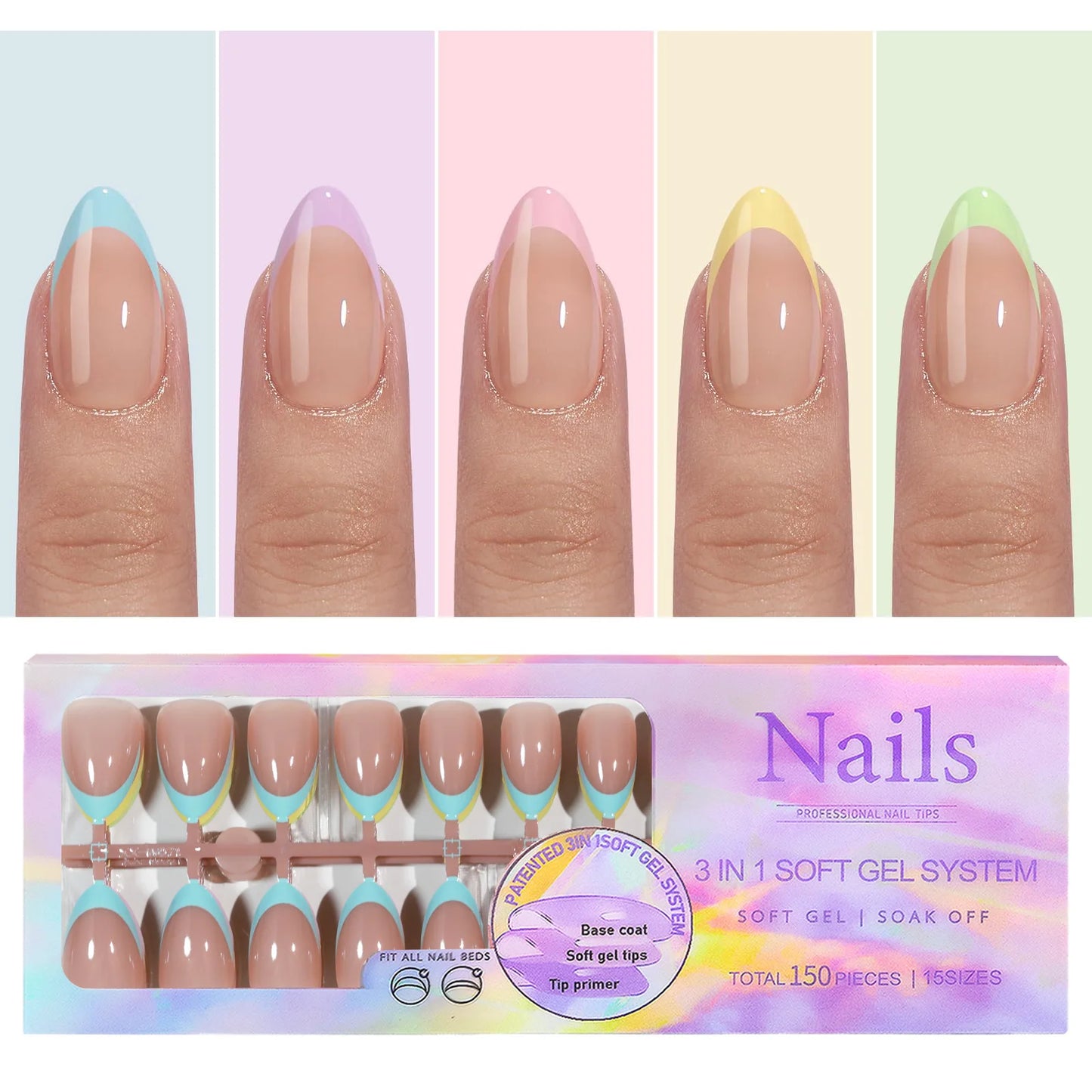 150PCS Press On Fake Nails - 6 Color Multi-Size Almond Acrylic Nails with French Style Removable Design