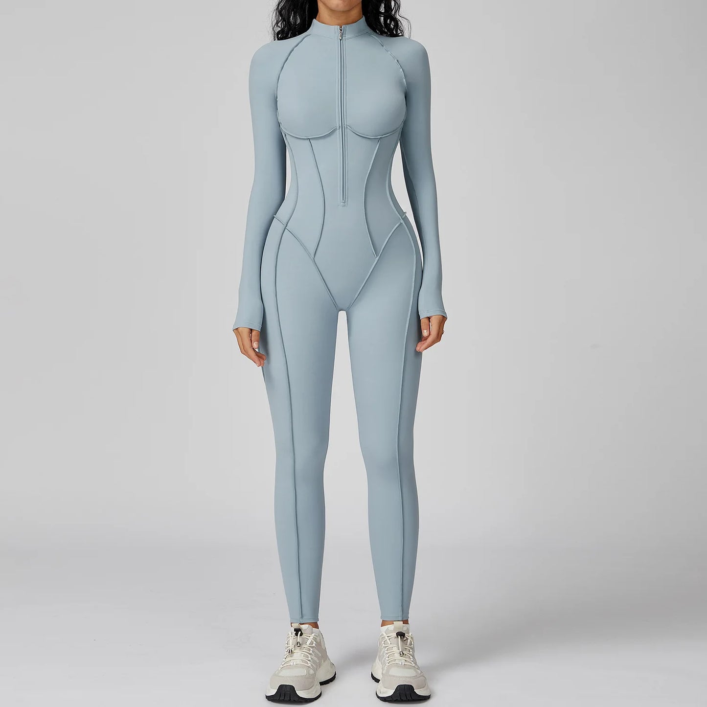 Women’s Long Sleeve Yoga Bodysuit Jumpsuit – Zip-Up Gym Tracksuit One-Piece Fitness Outfit for High-Intensity Workout & Training
