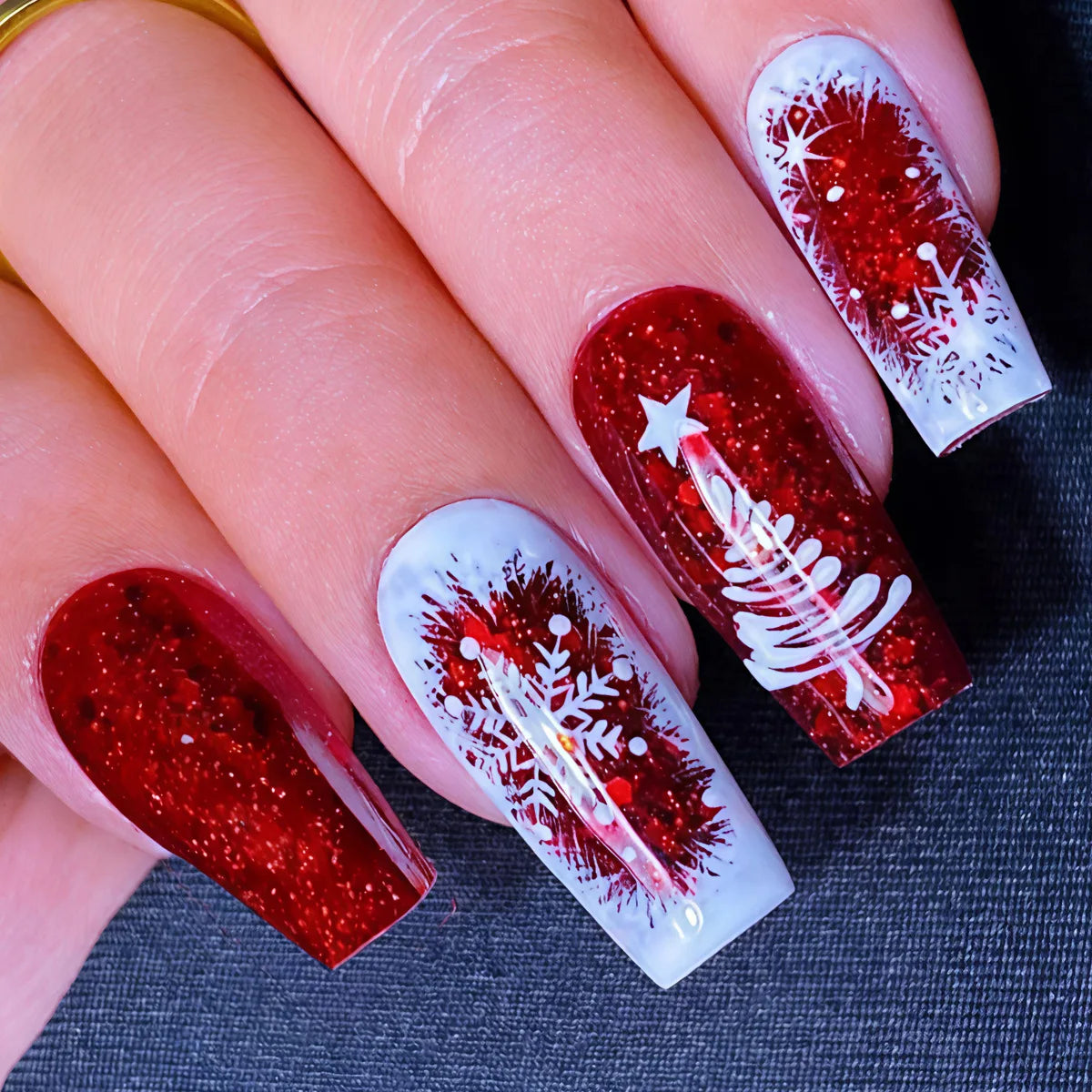 Medium Long Christmas Fake Nails β Square & Almond Tips with Tree, Snowflake & Snowman Designs