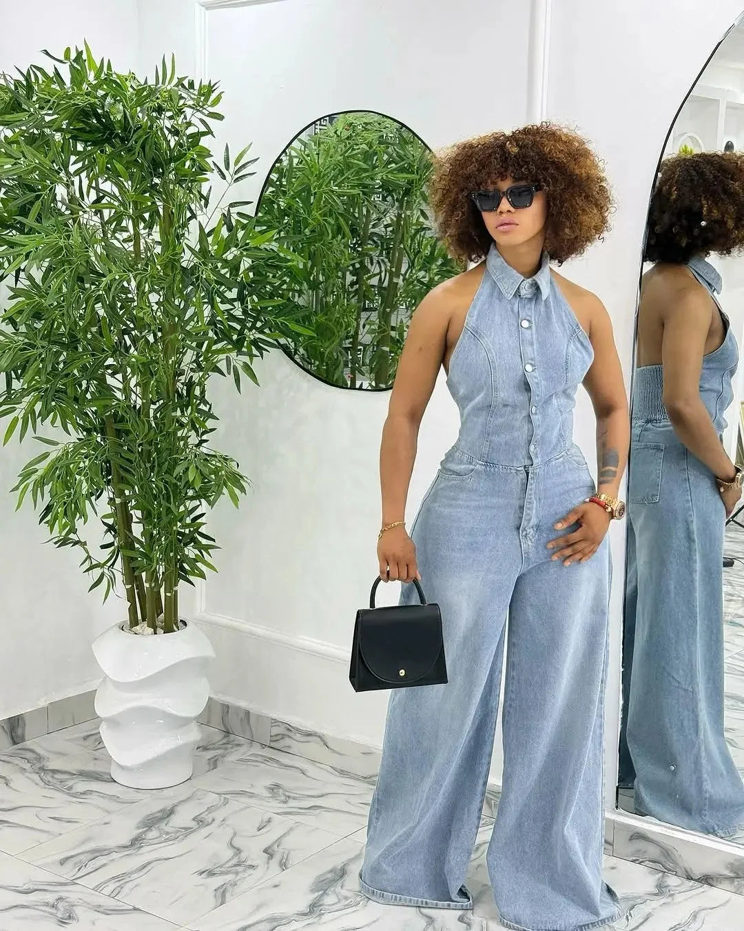 Women's Denim One-Piece Jumpsuit - Backless Long Sleeve Collared Outfit with Button Closure