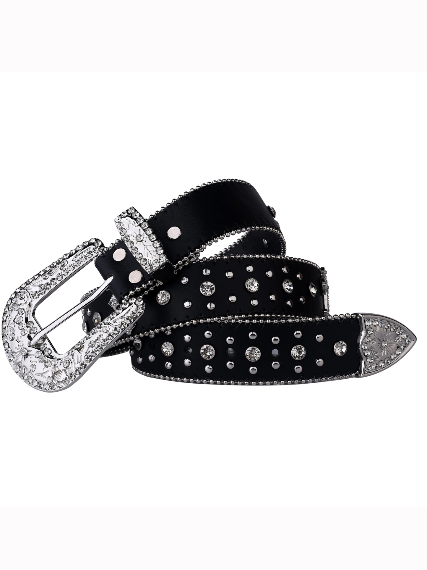 Black Cross Rivet Belt with Engraved Buckle – Rhinestone PU Punk Western Cowboy Cowgirl Jeans Belt
