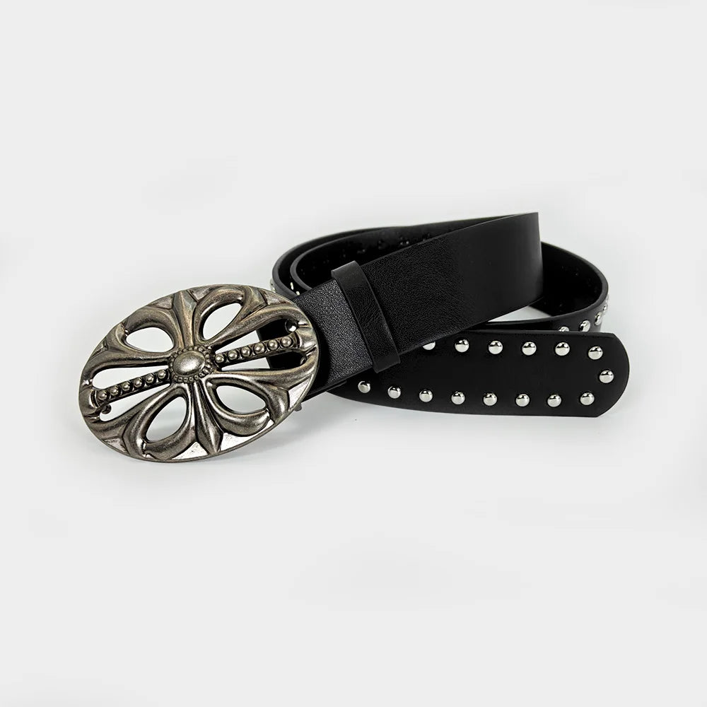 Unisex Punk Gothic Jeans Belt - Wide Hollow Cross & Heart Rivet Waistband for Women and Men