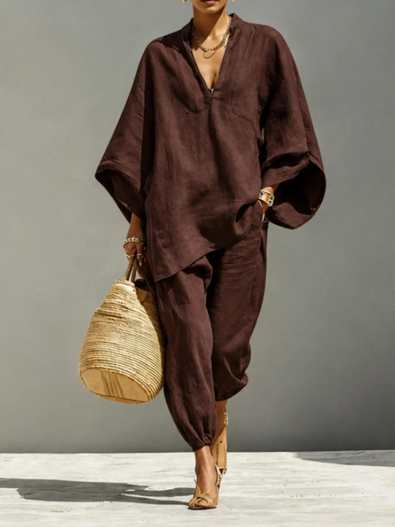 Women’s Linen Casual Set - Summer Loose Deep V-Neck Batwing Sleeve Nine-Piece Solid Color Outfit