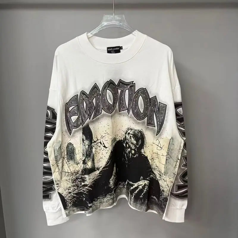 MIXED EMOTION Alien Print Long Sleeve T-Shirt - Unisex Oversized Hip Hop Crewneck Top