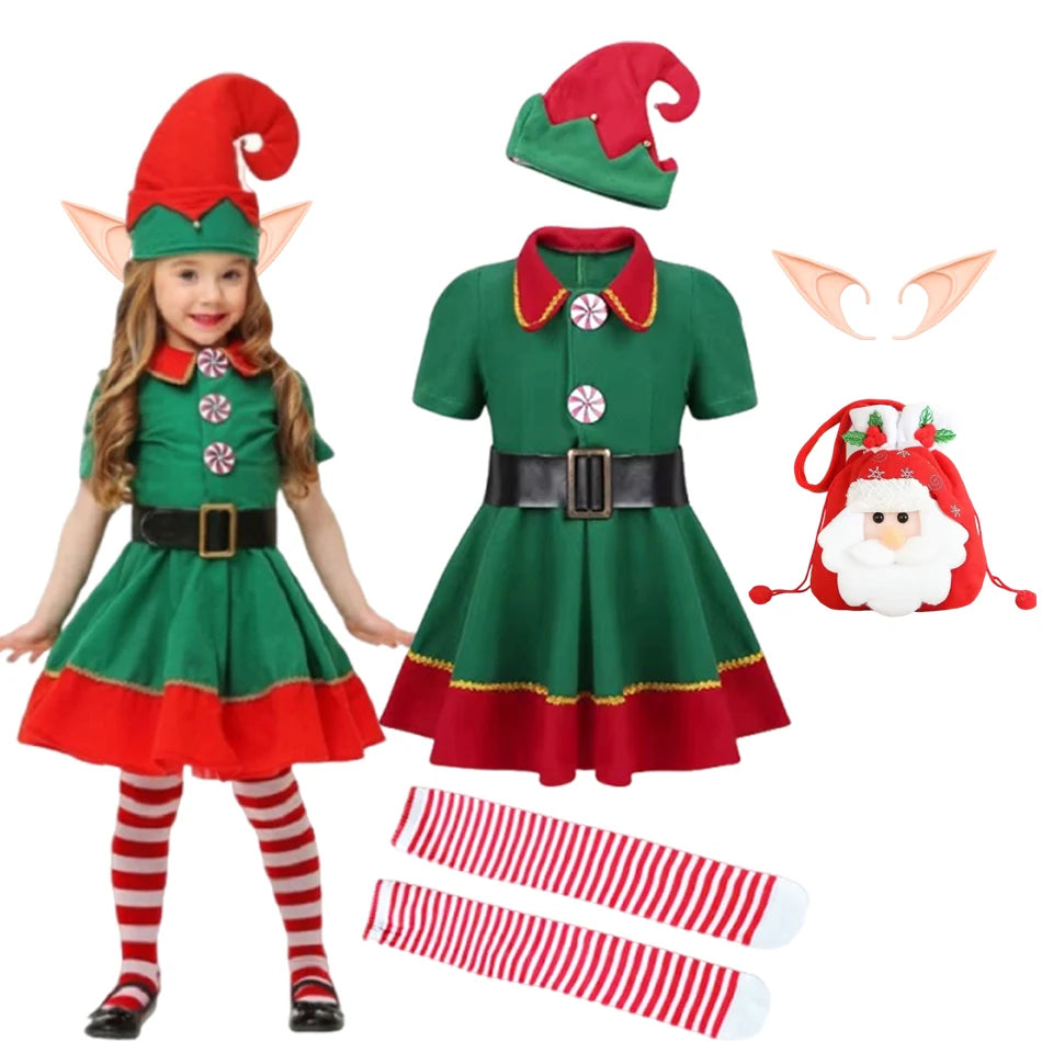 Kids Christmas Elf Costume Set – Green Santa Helper Outfit with Hat for Boys & Girls Holiday Party & Performance Wear