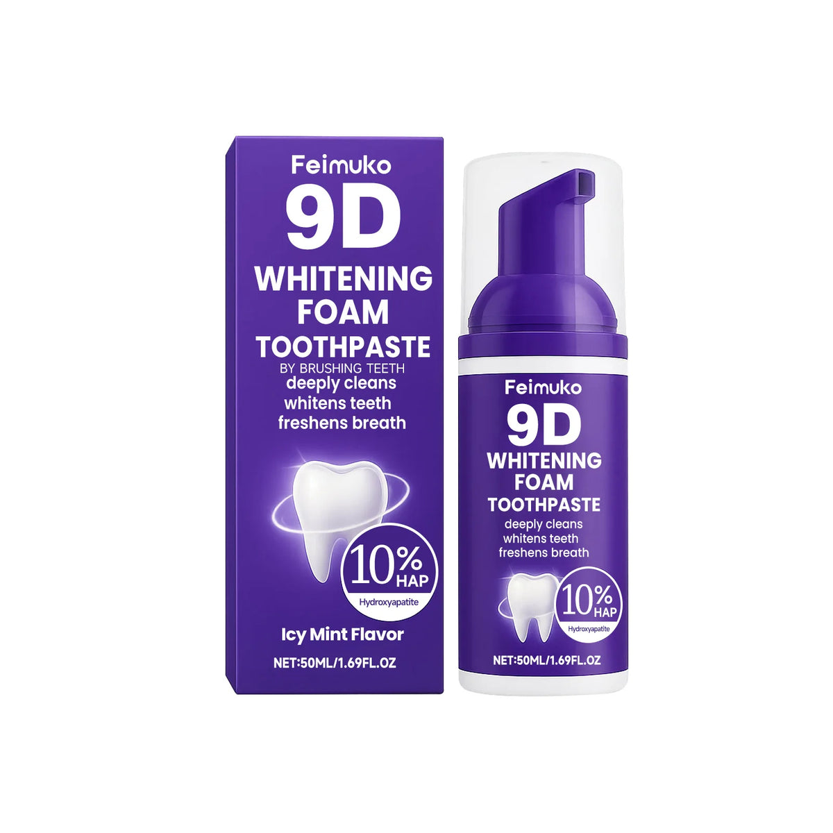 9D Purple Teeth Whitening Foam Toothpaste - 10% Hydroxyapatite, Fresh Breath, and Stain-Removing Oral Care for Travel