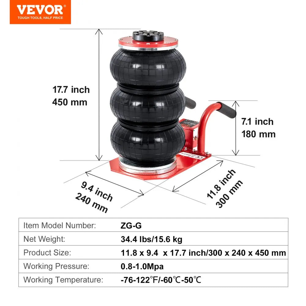 VEVOR Triple Bag Air Jack โ 3 Ton (6600 lbs) Capacity Portable Pneumatic Car Jack for Heavy Duty Quick Lifting & Garage Repairs