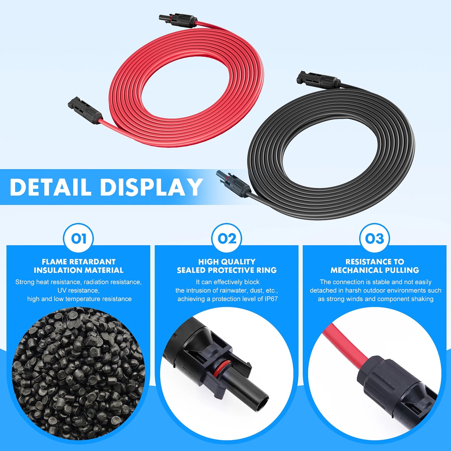 Solar Panel Extension Cable – PV DC Wire 1-10m, 4mm²/6mm² 1000V/1500V with Solar Connector Plugs