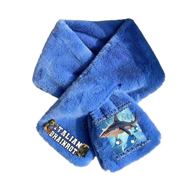 Italian Brainrot Plush Scarf – Kawaii Tralalero Neckerchief for Kids, Boys & Girls, Winter Warm Muffler, Children’s Bandelet Gift