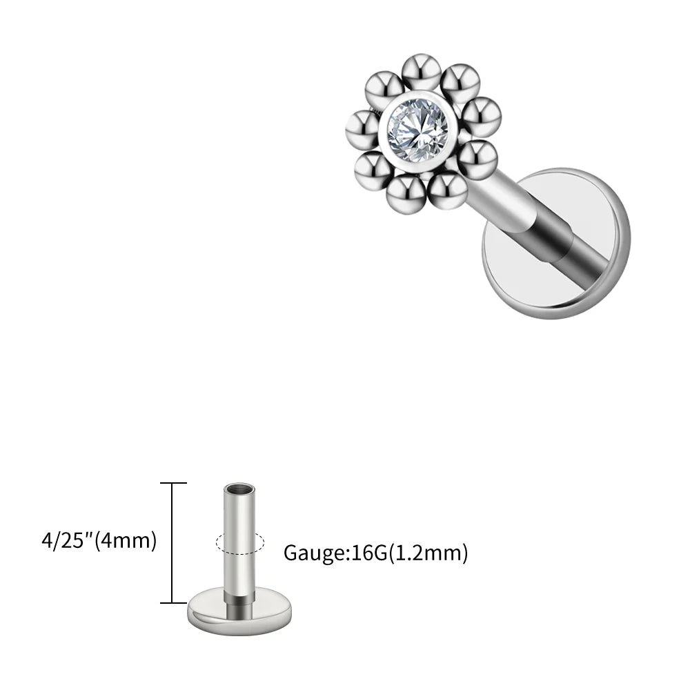 Right Grand ASTM F136 Titanium 16G Mini Beaded Sun Labret Stud CZ Flower – Tragus, Helix, Conch & Nose Piercing Body Jewelry