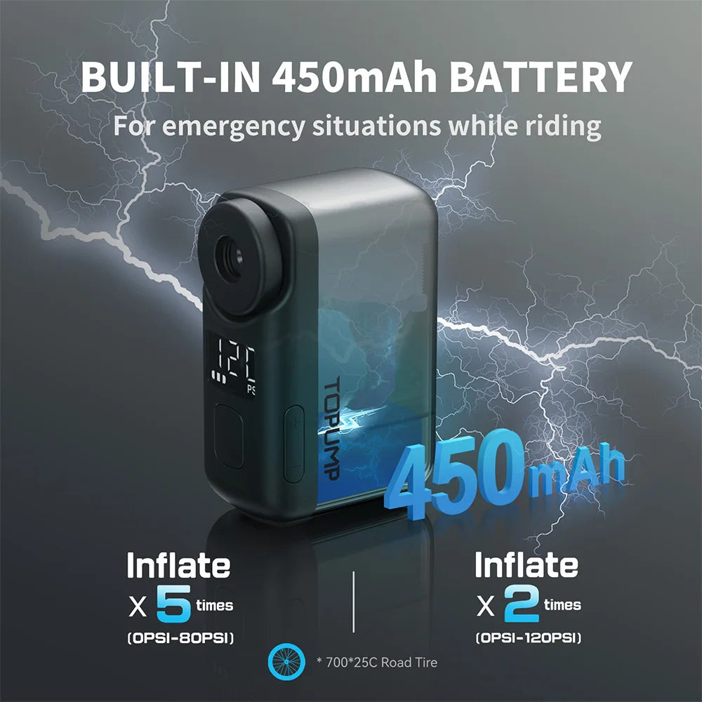 TOPUMP TB2 Pro Mini Electric Tire Pump - Portable Cordless Bike Inflator with 120 PSI & Digital Screen