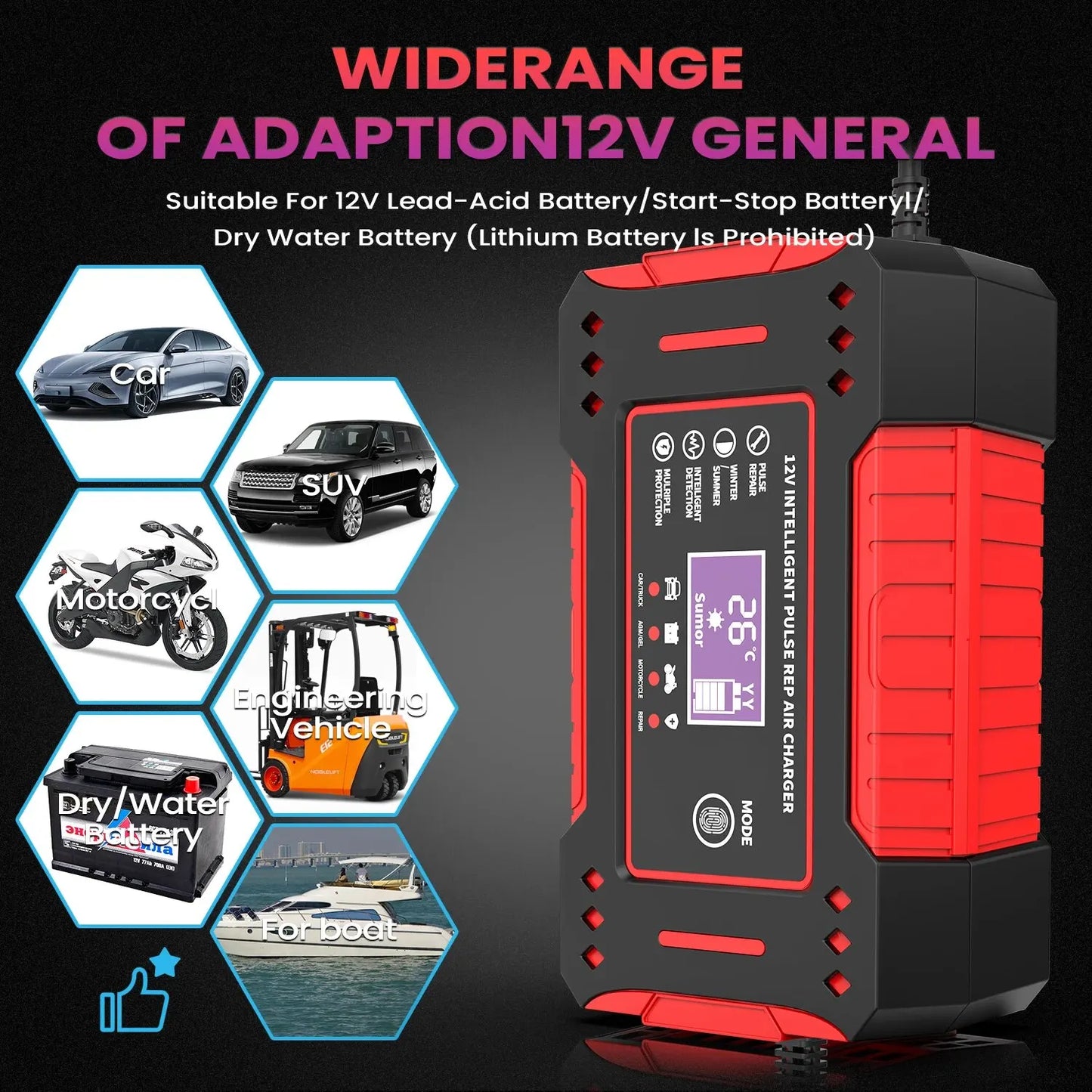 6A 12V Intelligent Car Battery Charger - Lead-Acid Charging Unit for Car and Motorcycle, LCD Display, Battery Repair