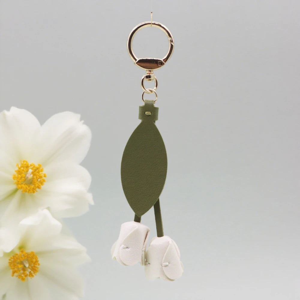 Fashion Tulip PU Leather Bag Charm Keychain – Cute Flower & Leaf Pendant, Creative Handbag Decoration Gift for Family & Friends