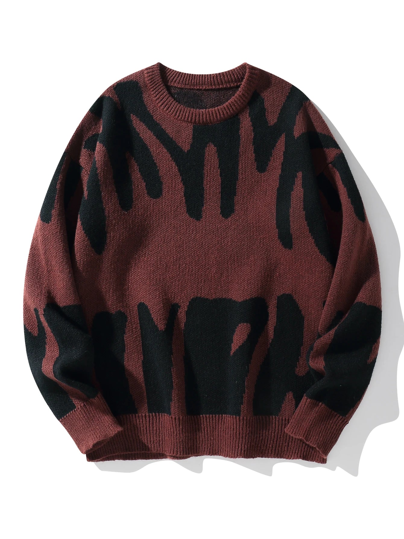 Men's Autumn Winter Jacquard Sweater - Irregular Pattern Contrast Color Round Neck Knitted Casual Pullover