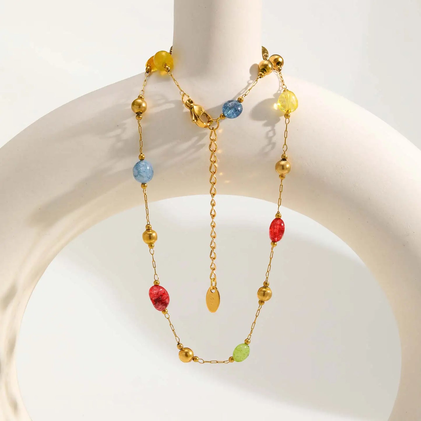 Colorful Rainbow Stone Boho Necklace - Stainless Steel Beaded Y-Shaped Chain Jewelry for Women’s Fashion Style