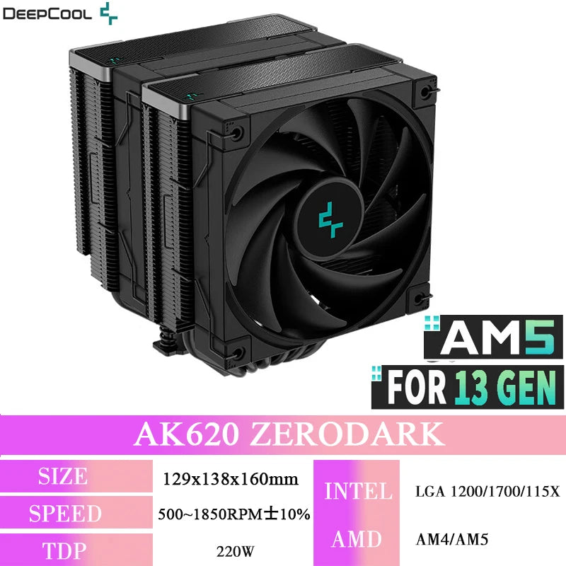 DeepCool AK620 ZERO DARK Twin Tower CPU Cooler – 6 Heat Pipes High Performance Air Cooling Radiator for Intel LGA1700/1200/115X & AMD AM5/AM4