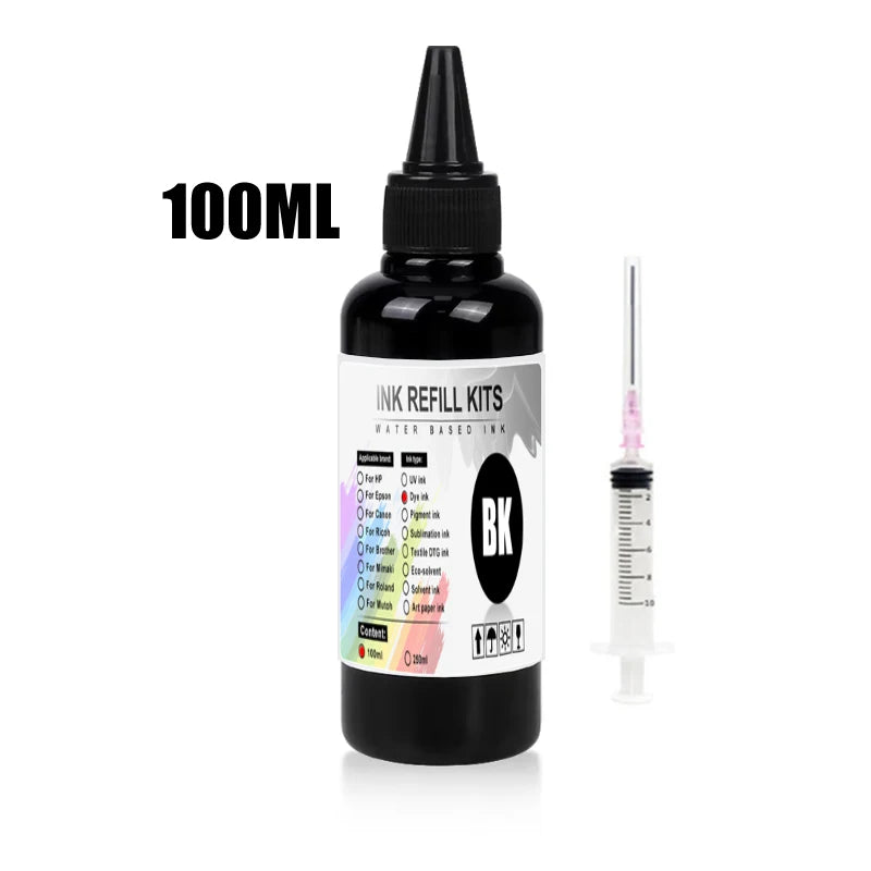 100ml Universal Dye Ink Refill Kit - BK CMY Compatible with HP Canon Epson Brother Inkjet Printers & CISS Cartridges