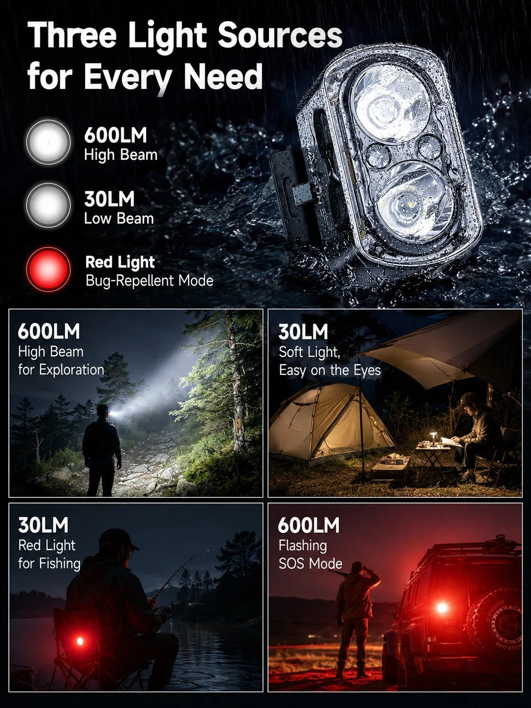 WARSUN Falcon 7 Rechargeable Fishing Headlamp - Bright Hands-Free Hat Clip Light for Night Fishing & Camping