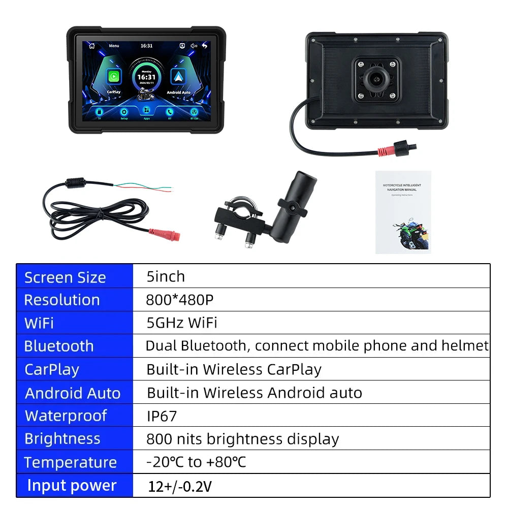 EVKEY MTC13 Motorcycle Navigation Display - Waterproof CarPlay Screen, Portable Wireless Monitor with Android Auto